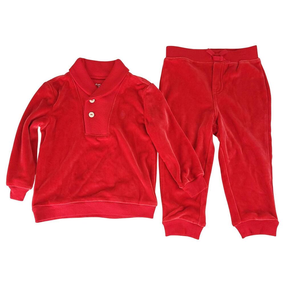 NWT Ralph Lauren 2pc Set Baby 18M Red Velour Long Sleeve Top Jogger Pants